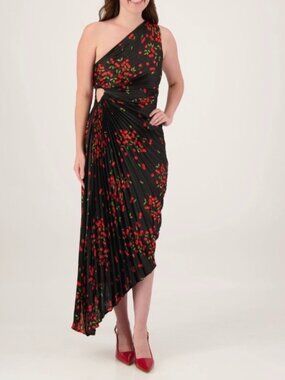 One-Shoulder Satin Pleated Dress in Cherry Print